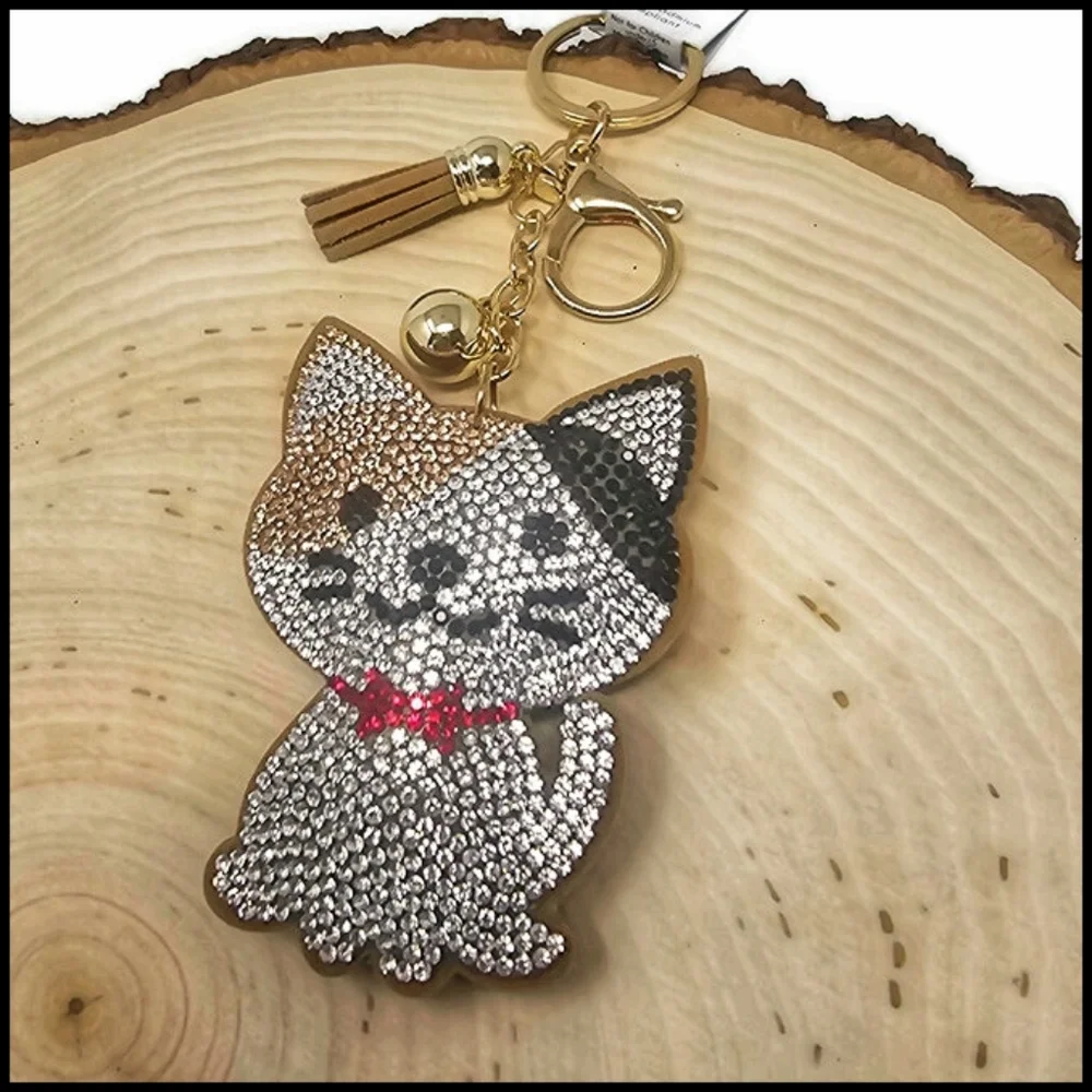 Juliet Puff Rhinestone Accented Cat Keychain with Tassel and Snap Hook - Picture 4 of 6